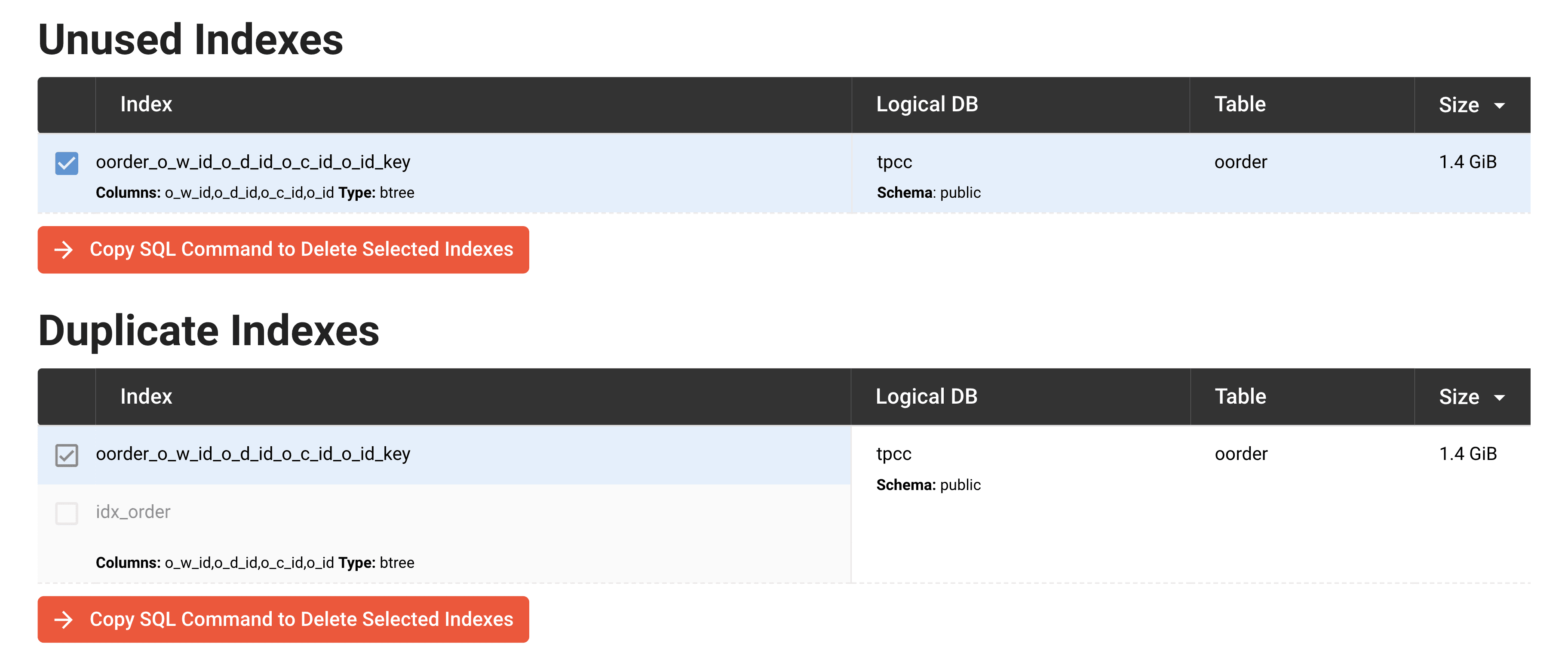 ottertune identifies unused and duplicate indexes